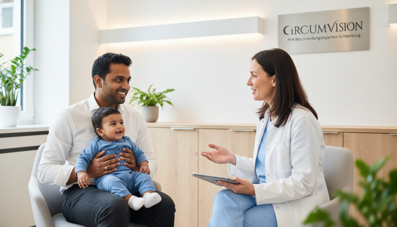 Ein lächelnder Vater hält sein Kind auf dem Schoß, während ein freundlicher Arzt in einem moderne Beschneidung, einladenden Klinikraum mit ihnen spricht.