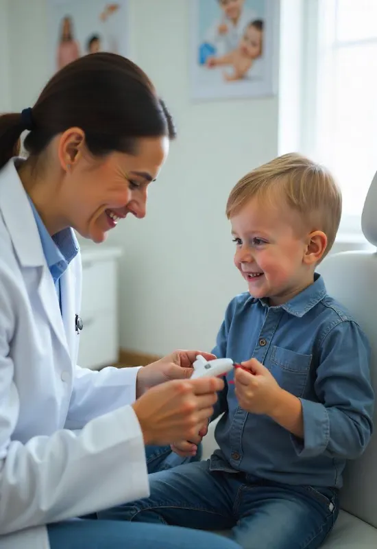 Ärztin erklärt einem lachenden Jungen in der Klinik ein Diathermie-Werkzeug.