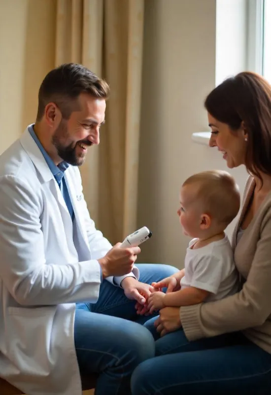 Arzt erklärt einem jungen Patienten und seiner Mutter das Verfahren zur Hochfrequenz-Beschneidung.