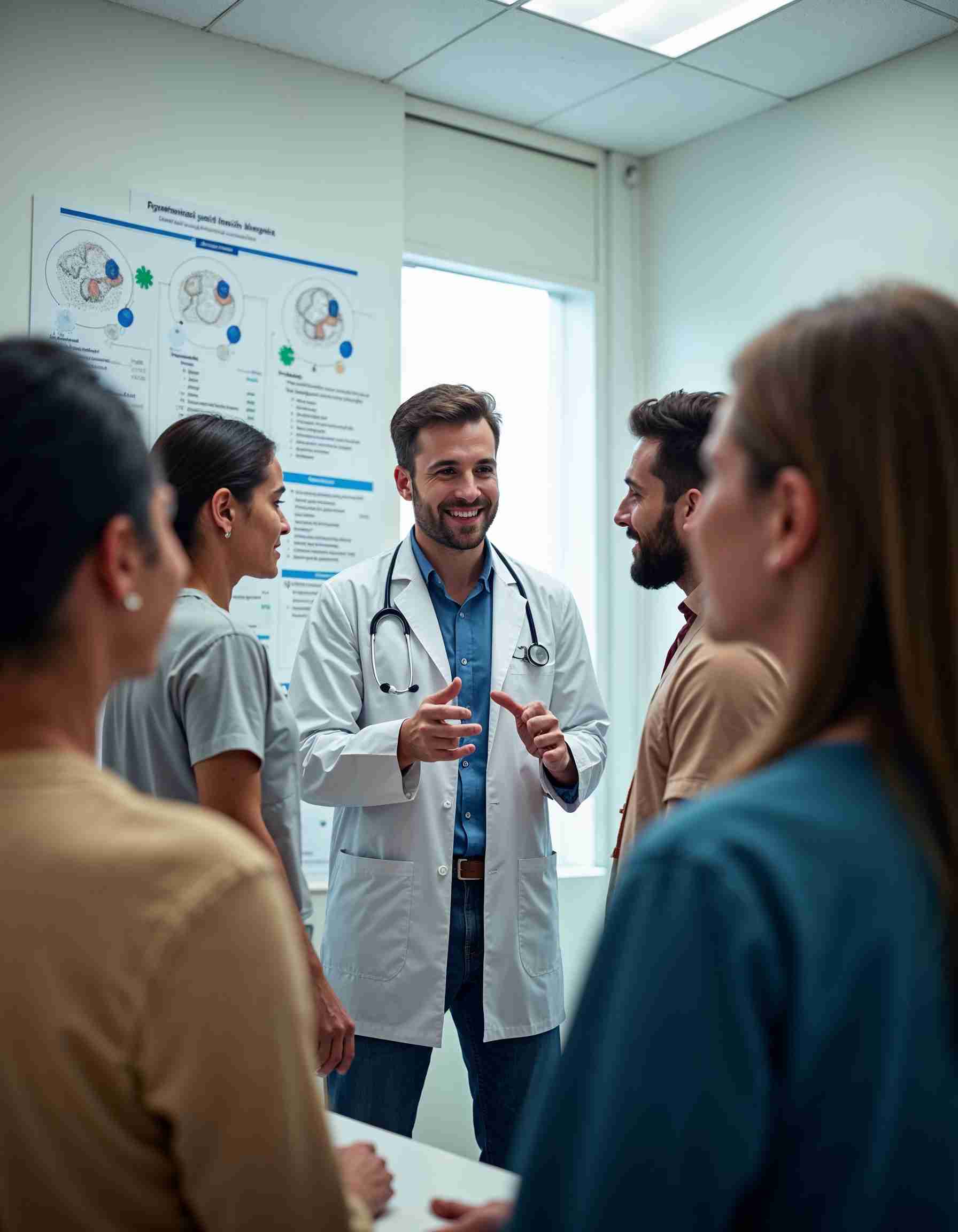 Ein Arzt erklärt einer Gruppe die psychologischen und sozialen Vorteile der Beschneidung in einer Klinik