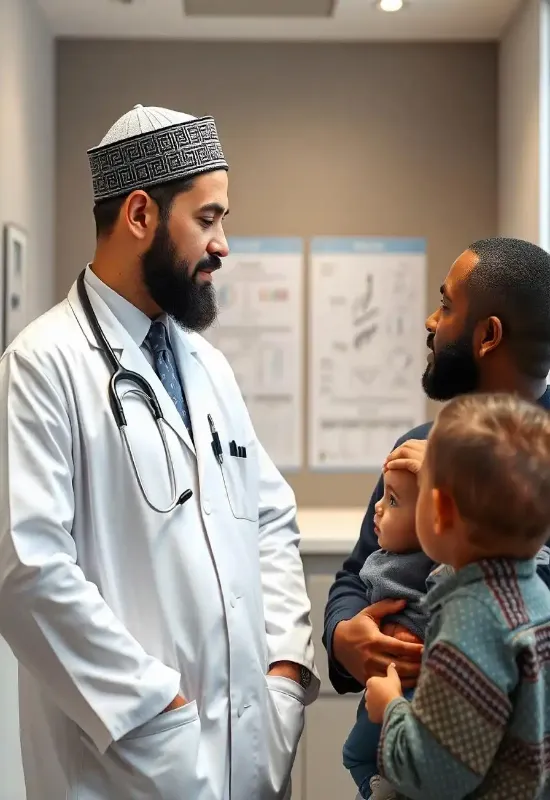 Islamischer Arzt diskutiert Beschneidungsverfahren mit einem Vater und dessen Kind in einer modernen Klinik