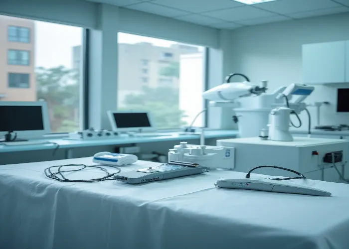 Moderne medizinische Geräte zur Beschneidung auf einem sterilisierten Tisch in einem hightech Eingriffsraum.