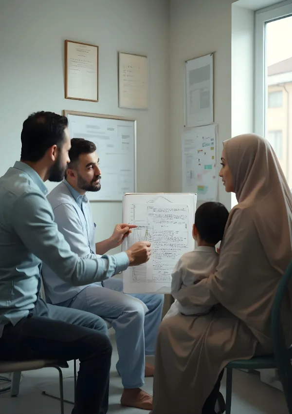 Ein muslimischer Arzt bei Circumvision diskutiert mit einer Familie die Details der Beschneidung und zeigt dabei eine medizinische Tafel in einer Klinik mit Zertifikaten an der Wand.