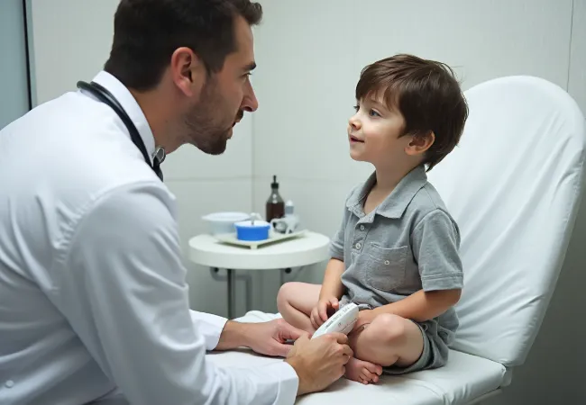 Ein Kinderarzt von Circumvision interagiert sanft mit einem kleinen Jungen während einer Beratung und hält ein medizinisches Gerät in einem sauberen und modernen Klinikraum.