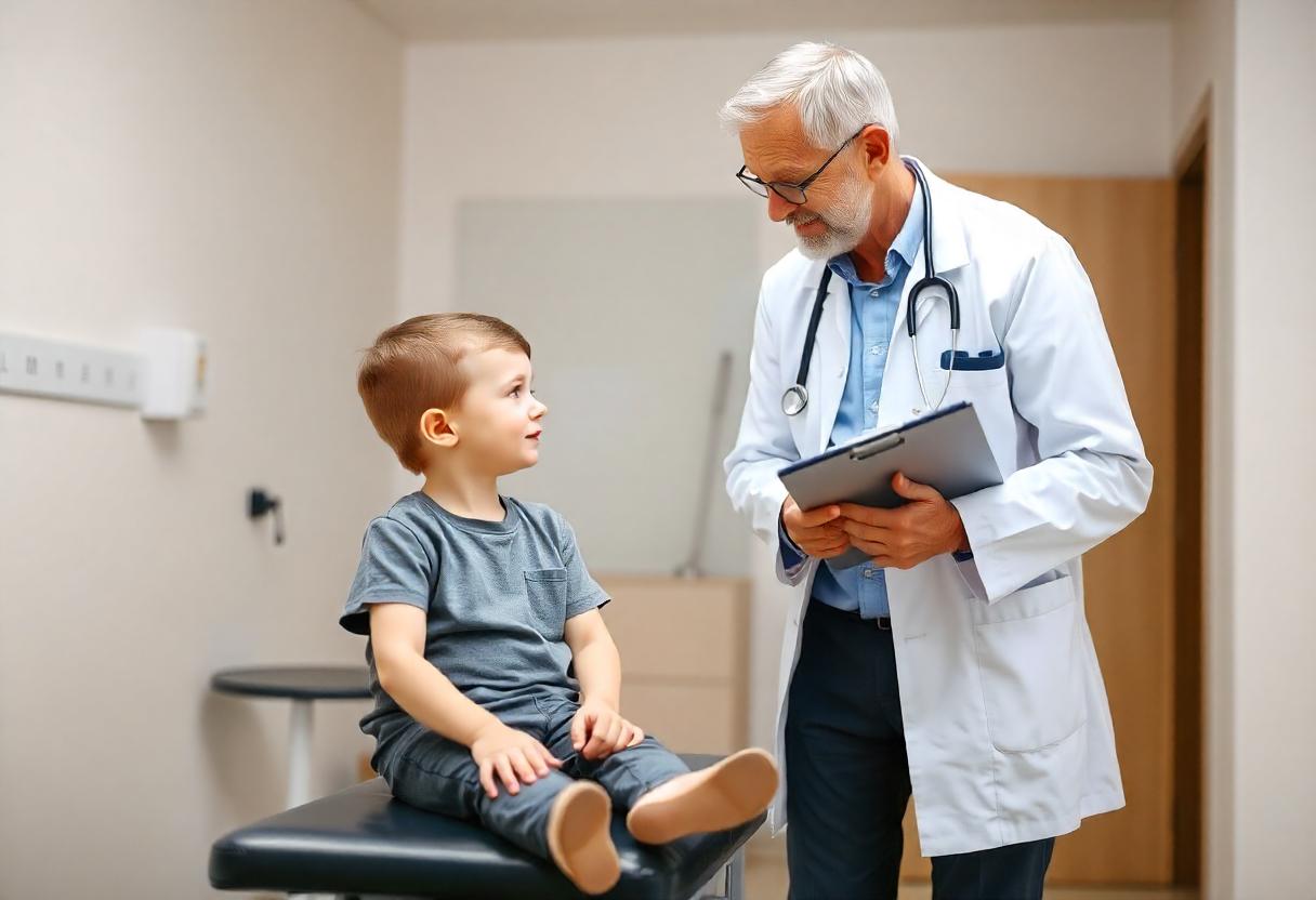 Kindliches Patientengespräch mit einem Arzt über professionelle Beschneidung in einer Klinik