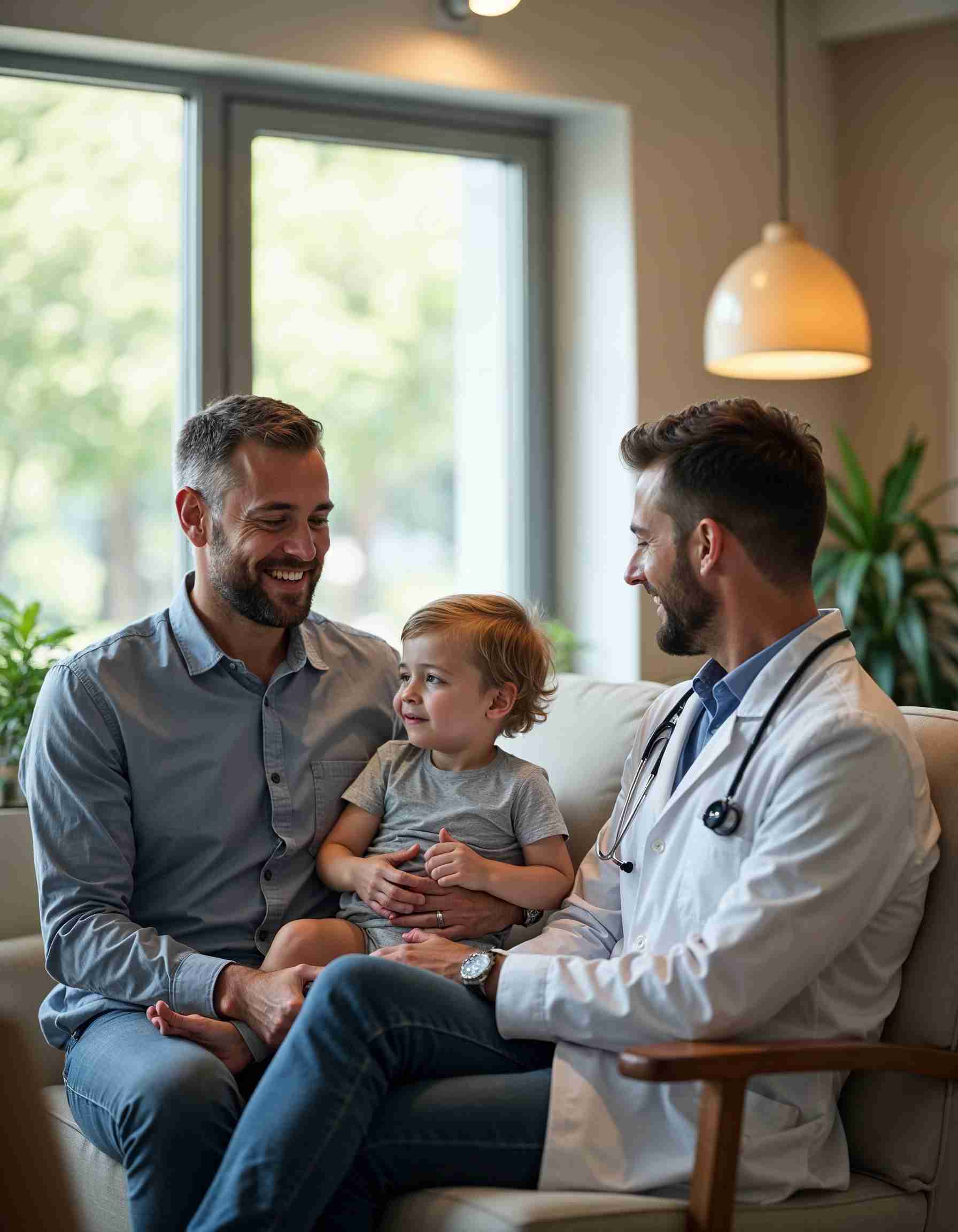 Ein lächelnder Vater hält sein Kind auf dem Schoß, während ein freundlicher Arzt in einem modernen, einladenden Klinikraum mit ihnen spricht.