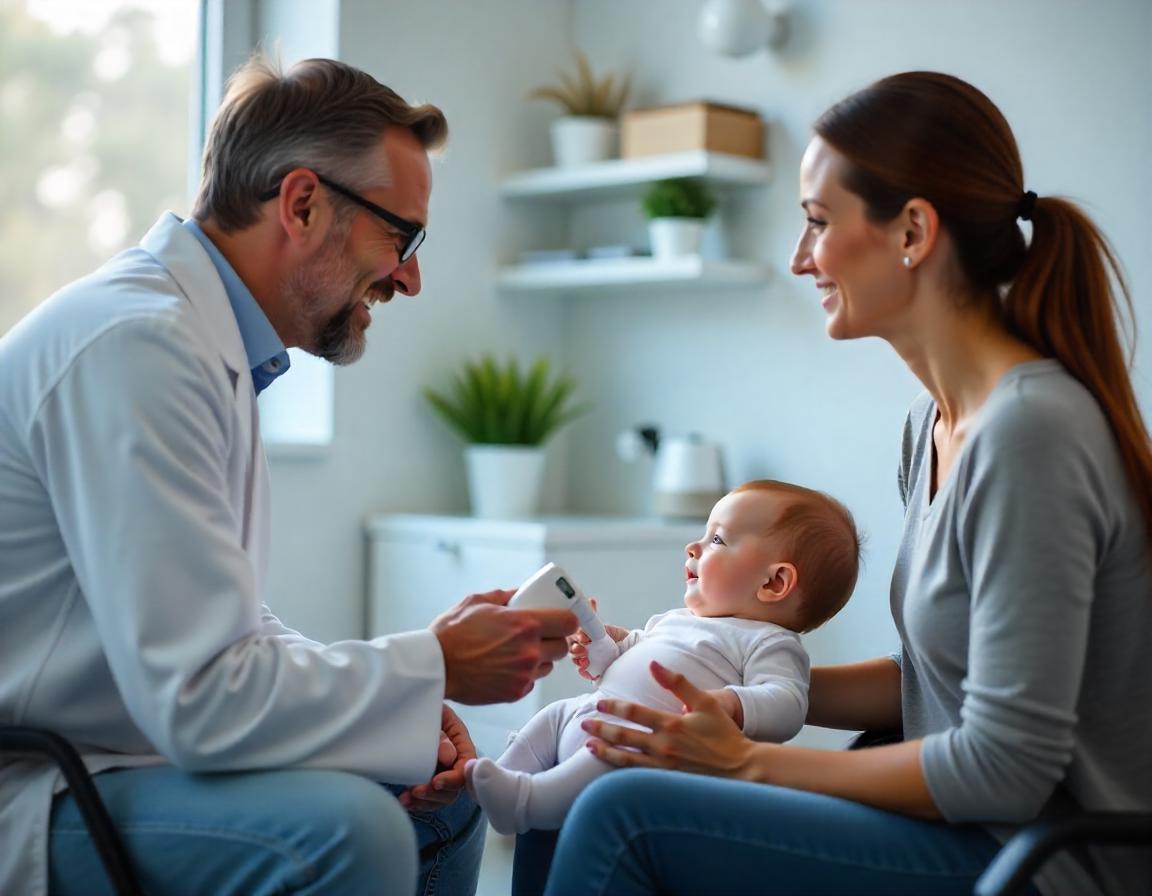 Arzt bei Circumvision erklärt einer Mutter die Alisklamp-Beschneidung für ihr Baby.