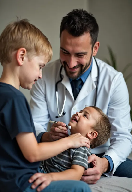 Arzt in einer Klinik interagiert spielerisch mit zwei jungen Brüdern.