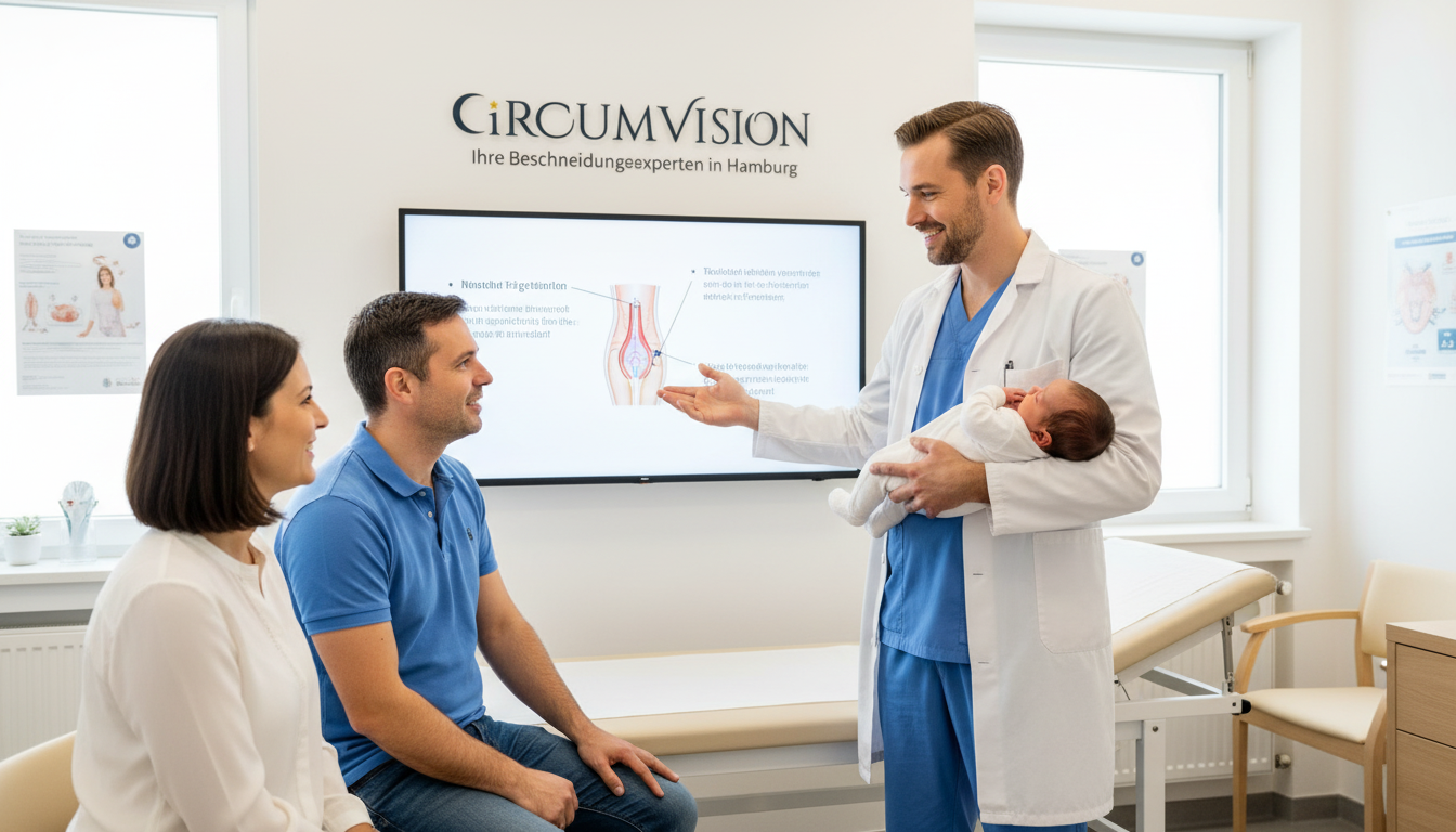 Lächelnder Arzt im Gespräch mit einem erwachsenen männlichen Patienten in einer klinischen Umgebung, Diskussion über die gesundheitlichen Vorteile der Beschneidung.