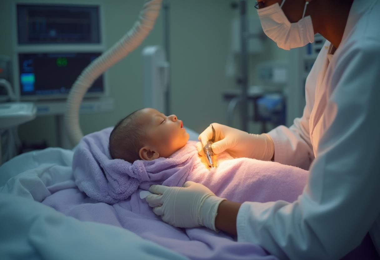 Ein Arzt führt eine Beschneidung bei einem Babys mit der Alisklamp-Methode durch. Das Baby ist in eine weiche Decke gewickelt und zeigt ein ruhiges Gesicht, was die sanfte und sichere Herangehensweise des Verfahrens unterstreicht.