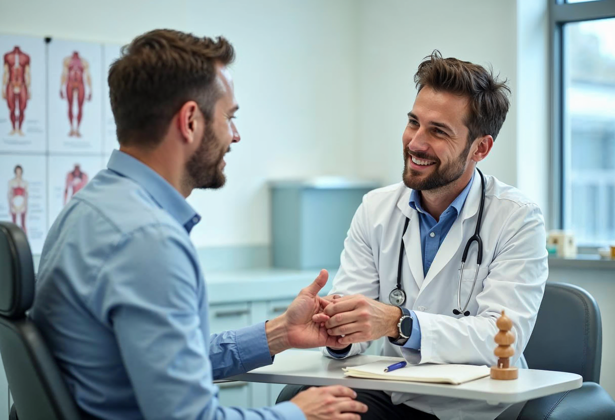 Lächelnder Arzt im Gespräch mit einem erwachsenen männlichen Patienten in einer klinischen Umgebung, Diskussion über die gesundheitlichen Vorteile der Beschneidung.