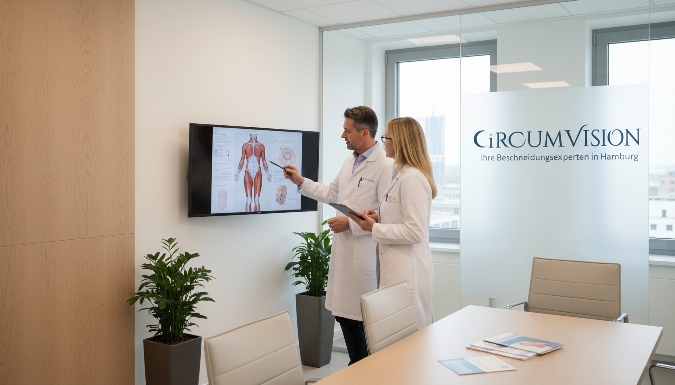 Zwei Ärzte diskutieren in einer modernen Klinik über Gesundheit und innovative Beschneidungsmethoden.