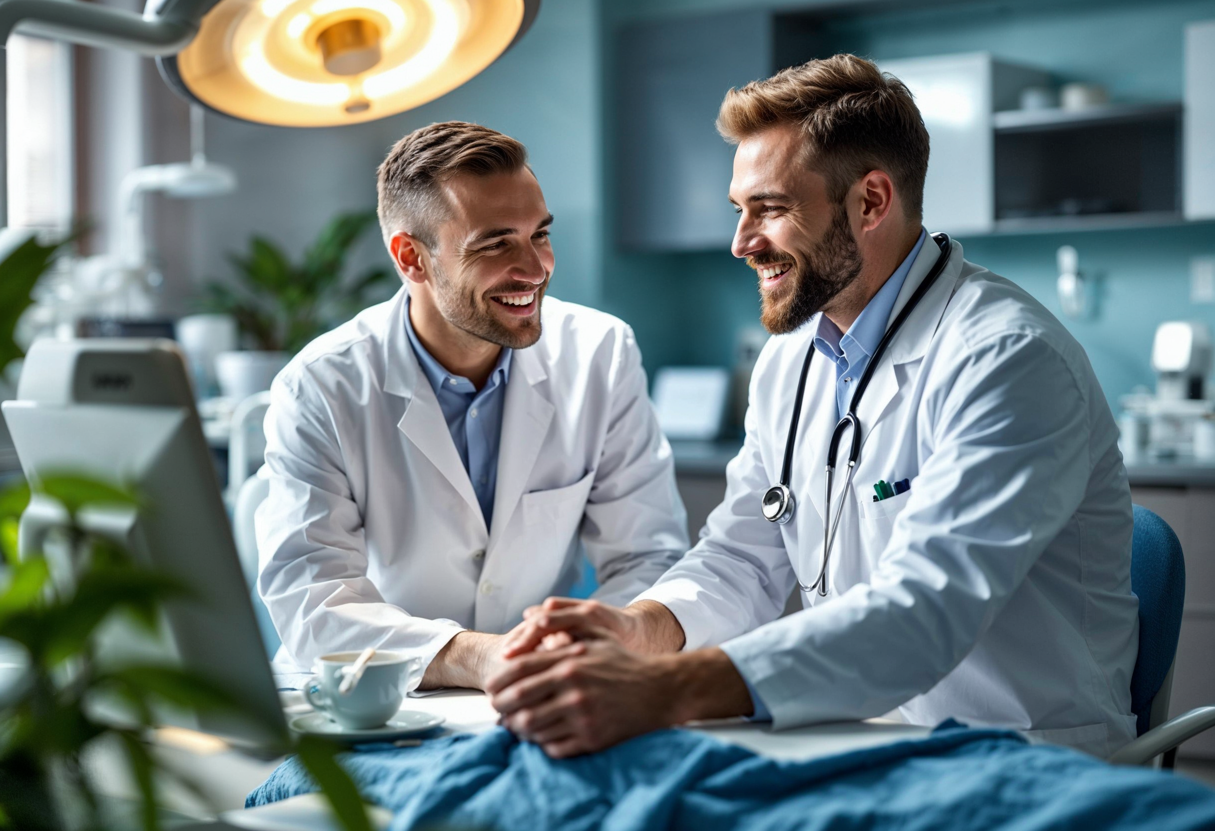 Zwei Ärzte diskutieren in einer modernen Klinik über Gesundheit und innovative Beschneidungsmethoden.