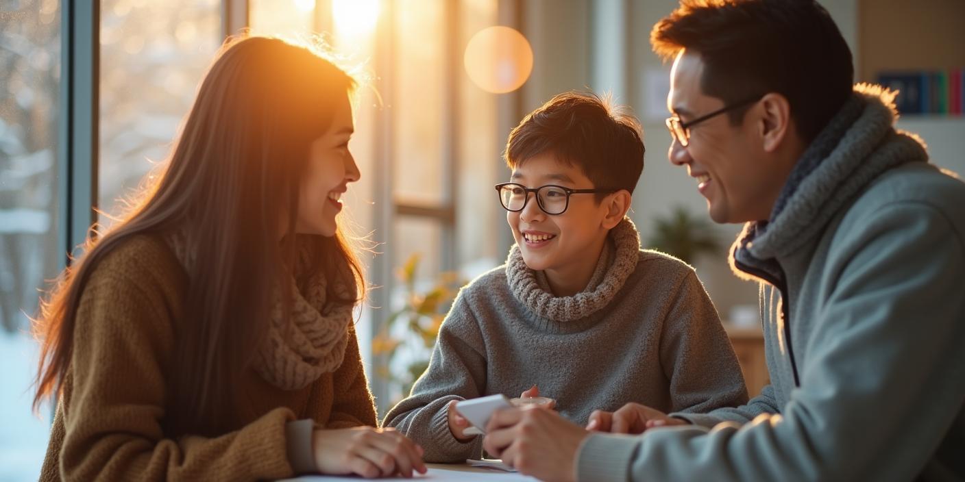 Familie bei einem einfühlsamen Gespräch über den richtiger Zeitpunkt einer medizinischen Entscheidung in heller, beruhigender Umgebung