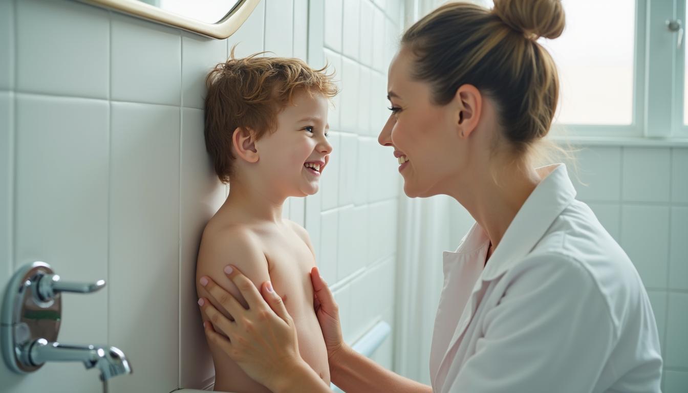 Mutter unterstützt ihren Sohn bei der Intimhygiene nach Beschneidung in einem hellen Badezimmer – vertrauensvoller Moment zwischen Eltern und Kind