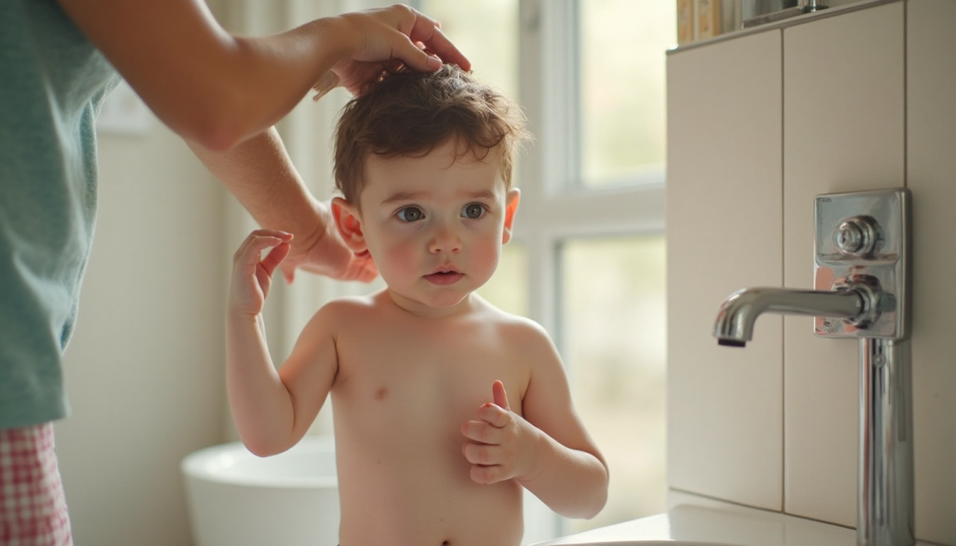 Vater zeigt seinem Sohn nach der Beschneidung und Hygieneerziehung Beschneidung behutsam, wie Intimhygiene funktioniert – liebevolle Szene zur Hygieneerziehung bei Jungen im Alltag