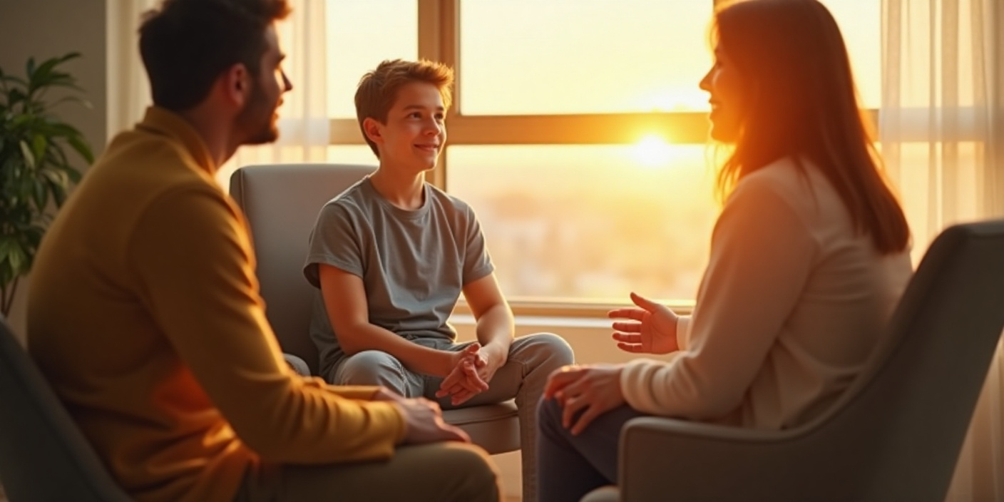 Eltern und Jugendlicher im Gespräch über Beschneidung bei Jugendlichen – vertrauensvolle Atmosphäre bei gemeinsamer Entscheidungsfindung