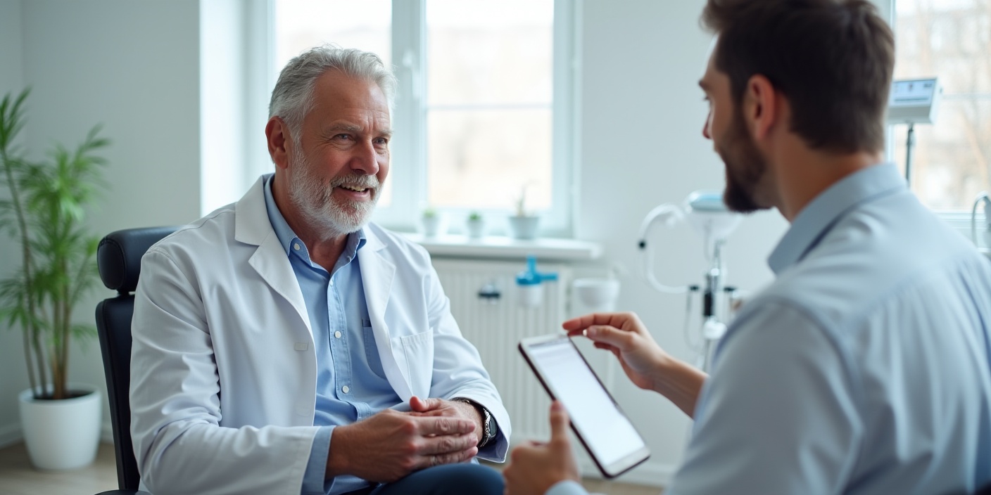 Arzt erklärt einem Patienten die Hochfrequenz-Methode empfindliche Haut zur sanften Beschneidung