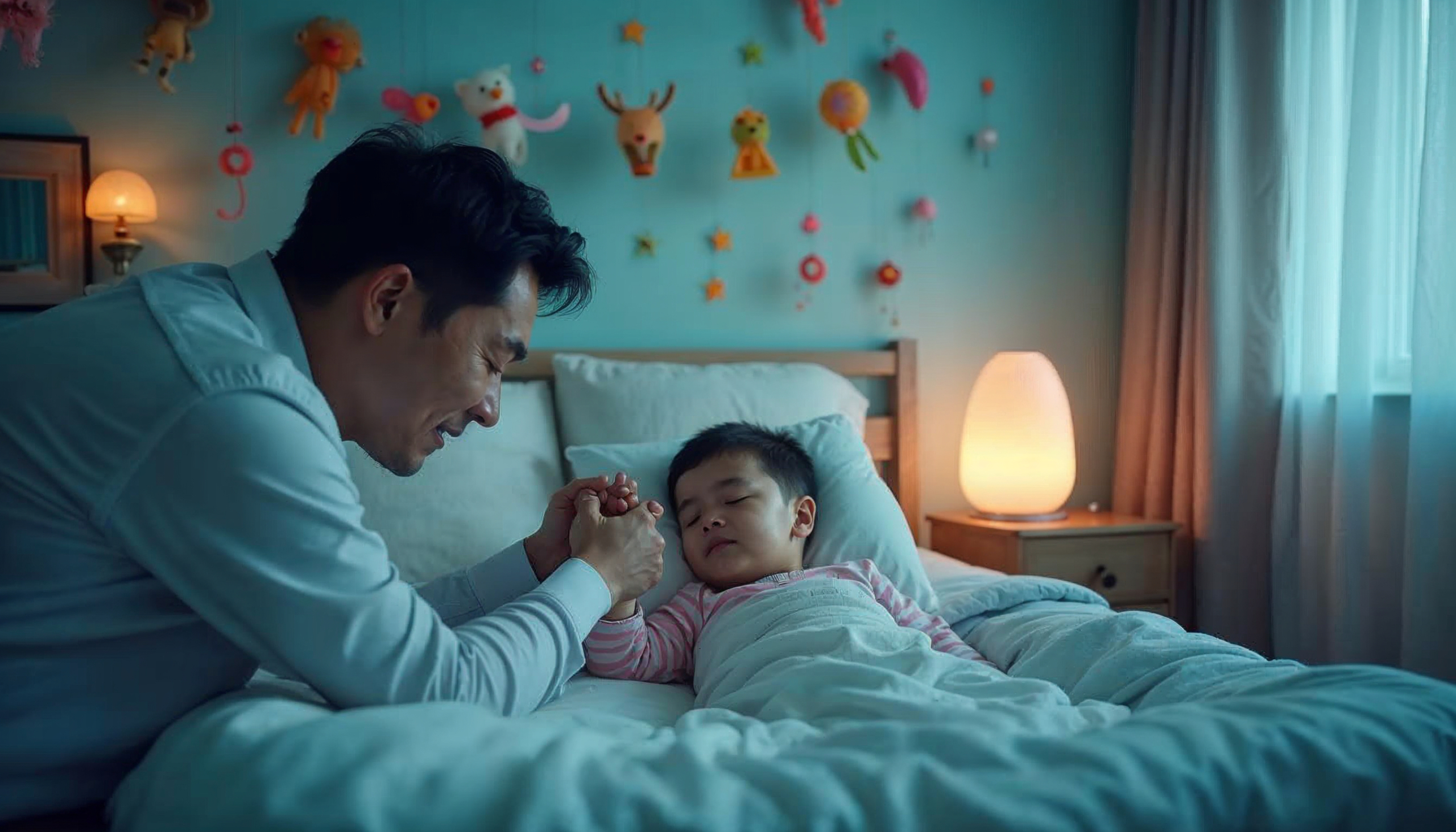 Kind schläft friedlich im Bett mit Kuscheltier, während ein Elternteil beruhigend die Hand hält – Symbolbild für Schlafhygiene vor einer Kinderbeschneidung