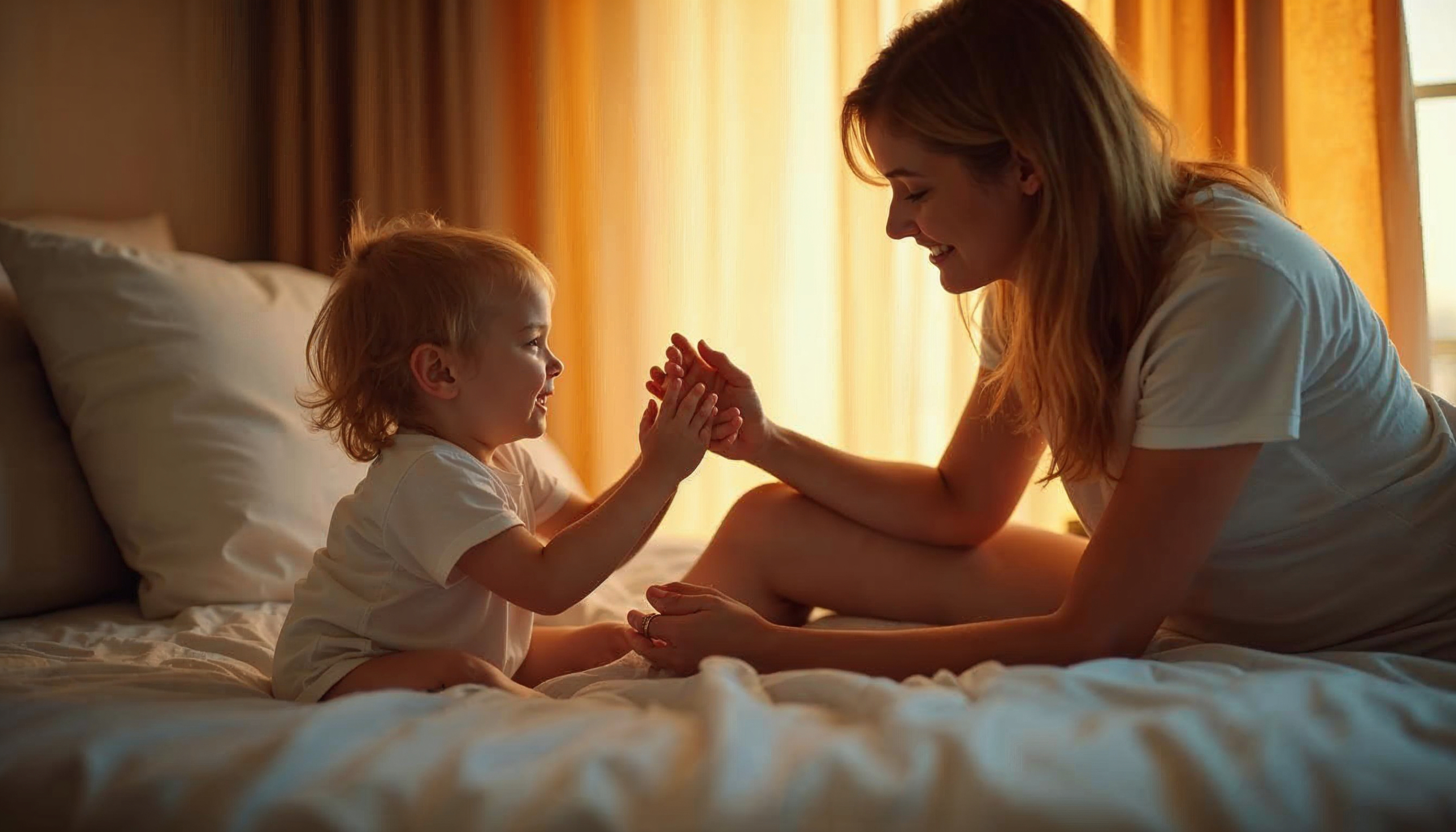 Elternteil spricht beruhigend mit Kind vor dem Schlafengehen – symbolische Szene für mentale Vorbereitung auf Kinderbeschneidung