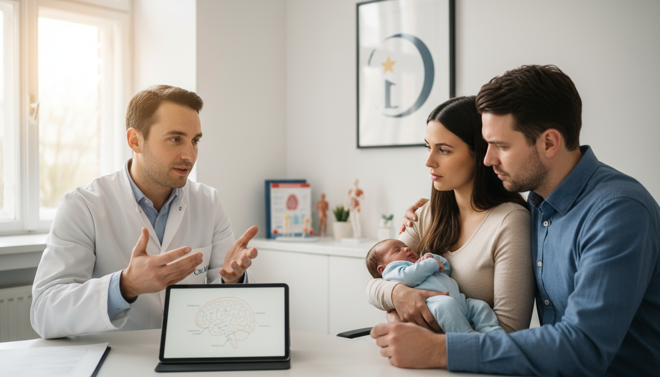 Arzt erklärt Elternpsychologie bei Beschneidung – Mutter und Vater treffen gemeinsam eine emotionale, informierte Entscheidung in der Klinik