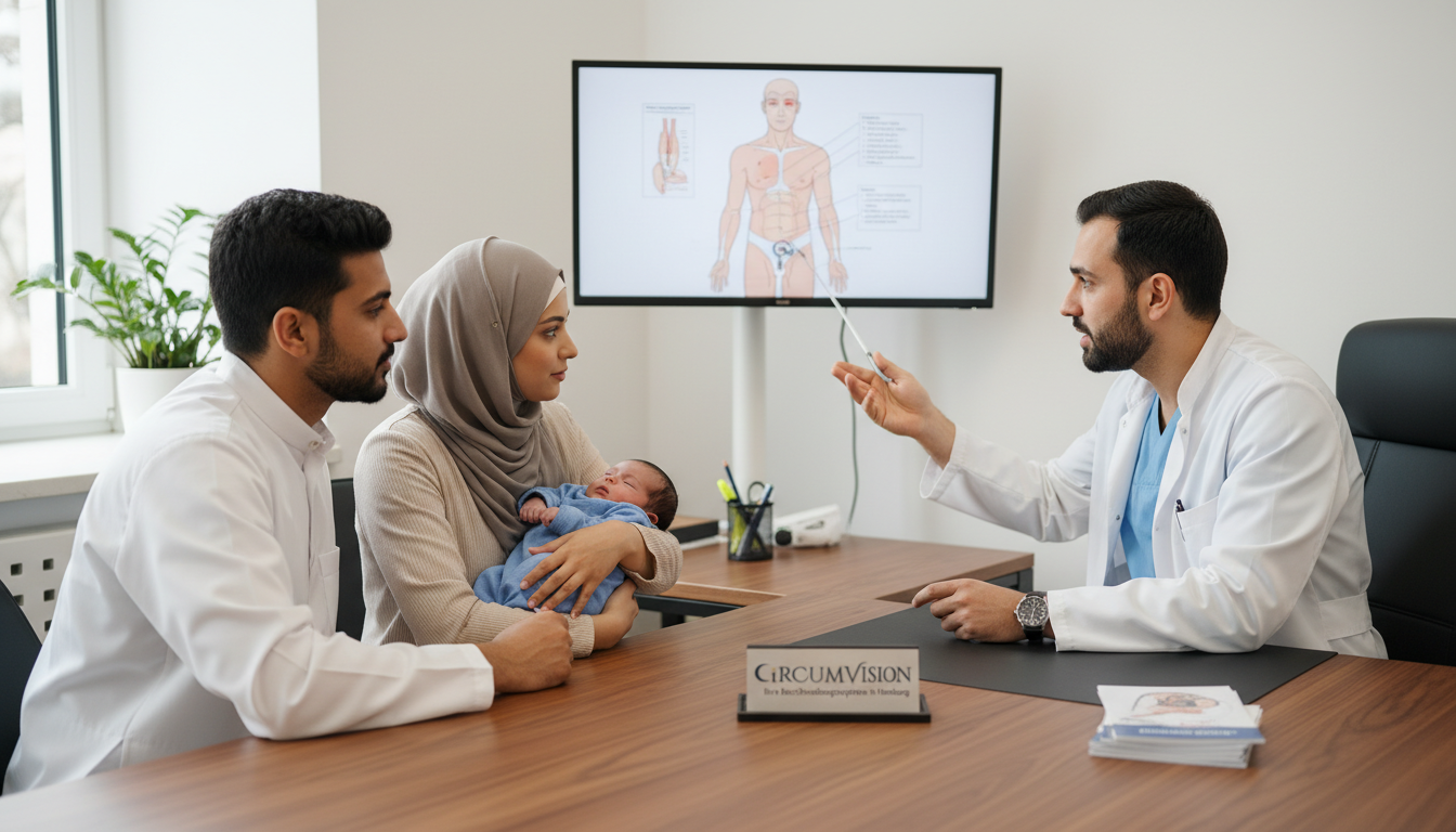 Arzt erklärt muslimischer Familie den Ablauf der Beschneidung – medizinische Transparenz schafft Vertrauen