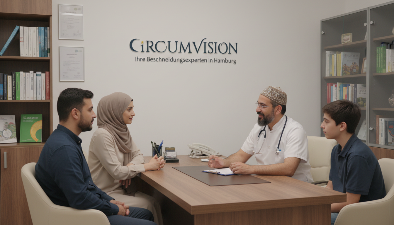 Muslimischer Arzt im Gespräch mit Familie – islamische Ethik und medizinische Verantwortung schaffen Vertrauen